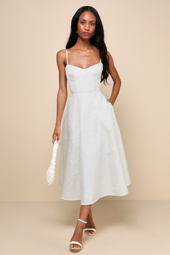Meet for Tea White Jacquard Bustier Midi Dress With Pockets 2