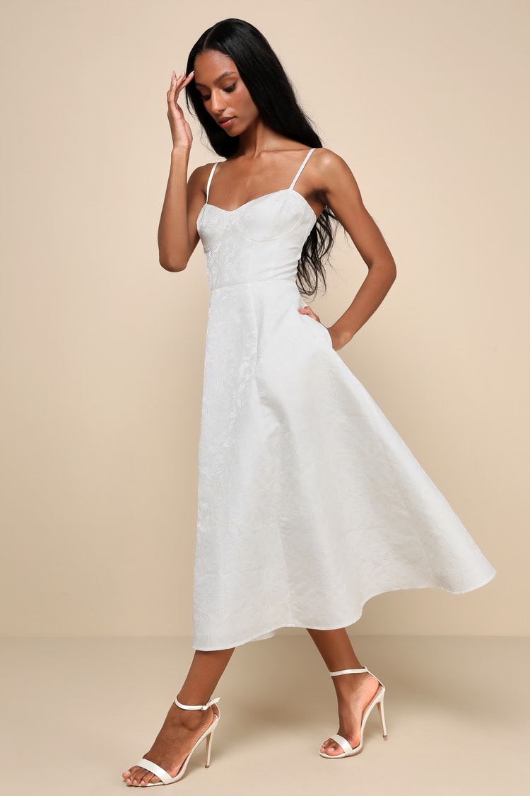Meet for Tea White Jacquard Bustier Midi Dress With Pockets