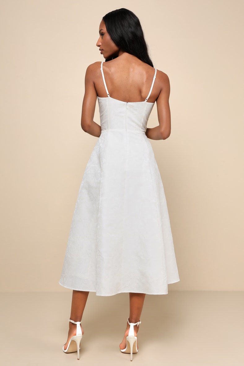 Meet for Tea White Jacquard Bustier Midi Dress With Pockets