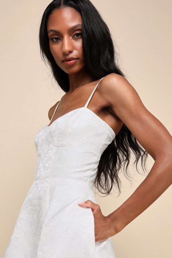 Lulus Meet For Tea White Jacquard Bustier Midi Dress With Pockets In White