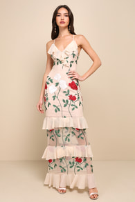 True to Heart Beige Floral Embroidered Ruffled Tiered Maxi Dress