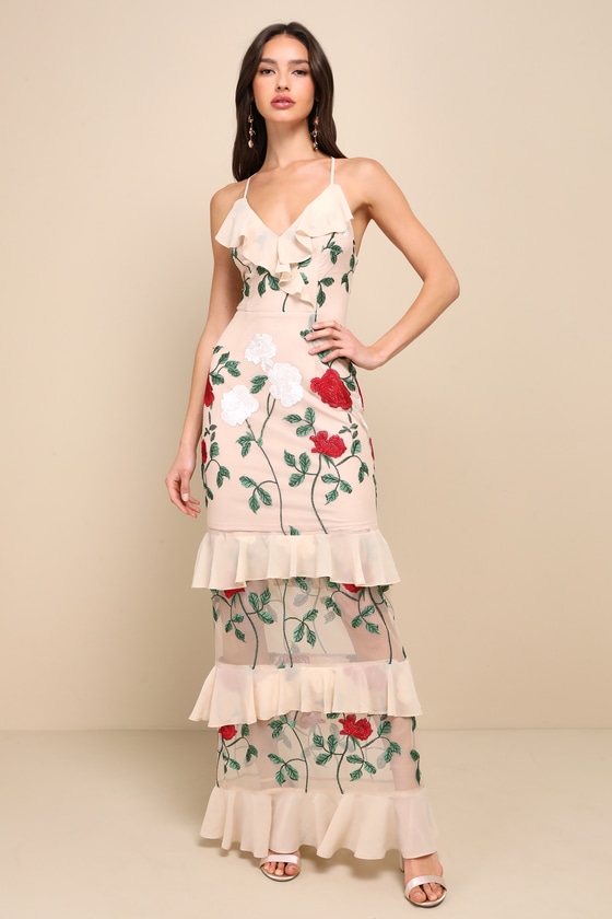 True to Heart Beige Floral Embroidered Ruffled Tiered Maxi Dress 1
