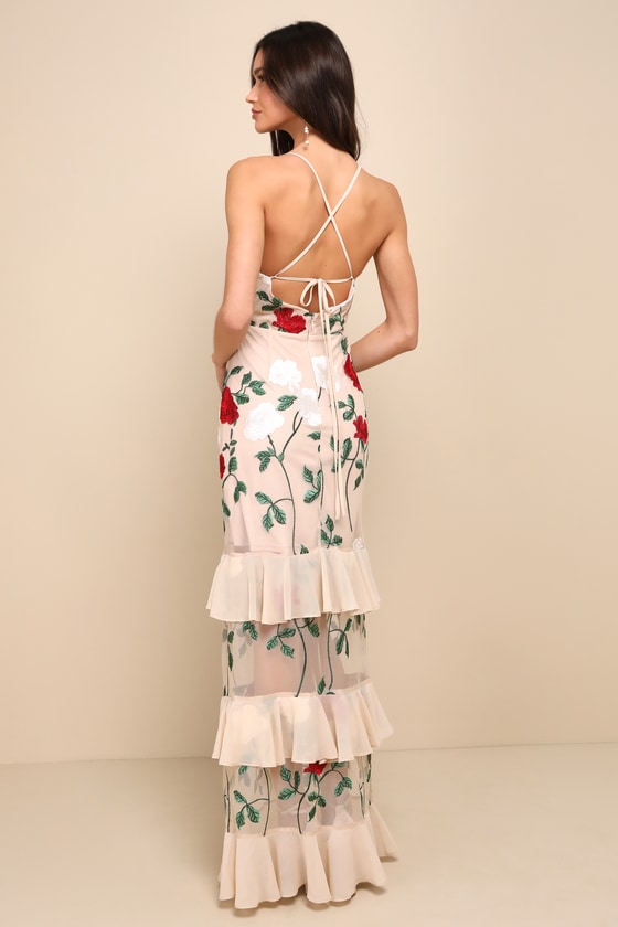 Beige Floral Embroidered Maxi - Tiered Maxi - Ruffled Maxi Dress - Lulus