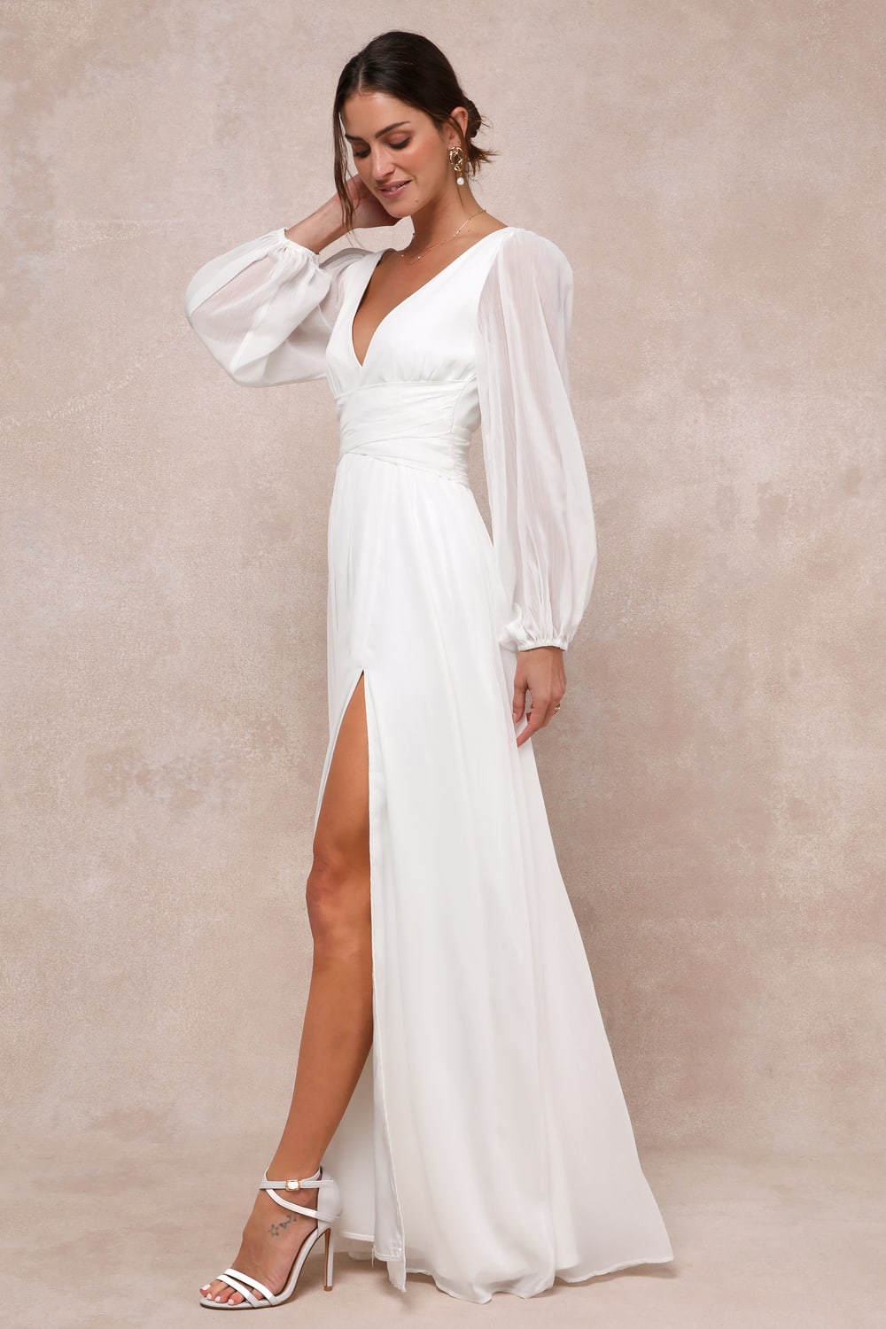 Enchant My Love White V-Neck Long Sleeve Maxi Dress