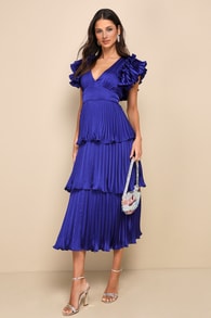 Stunning Desire Cobalt Blue Satin Pleated Tiered Midi Dress