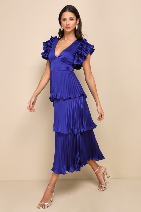 Lulus Stunning Desire Cobalt Blue Satin Pleated Tiered Midi Dress In Cobalt Blue