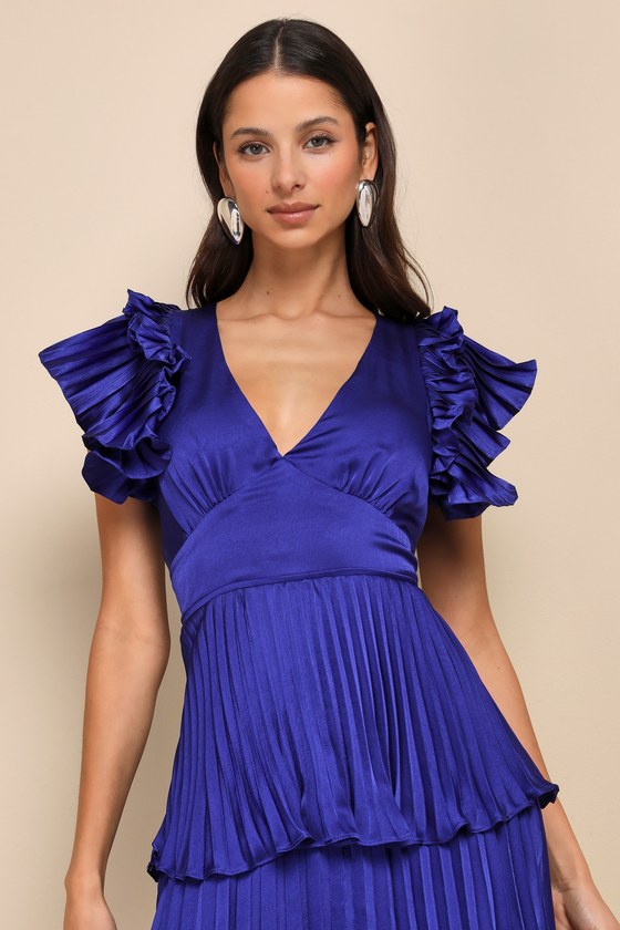 Lulus Stunning Desire Cobalt Blue Satin Pleated Tiered Midi Dress In Cobalt Blue