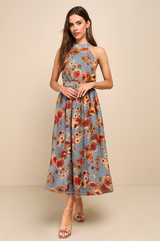 Charming Vision Blue Floral Swiss Dot Lurex Halter Midi Dress 1