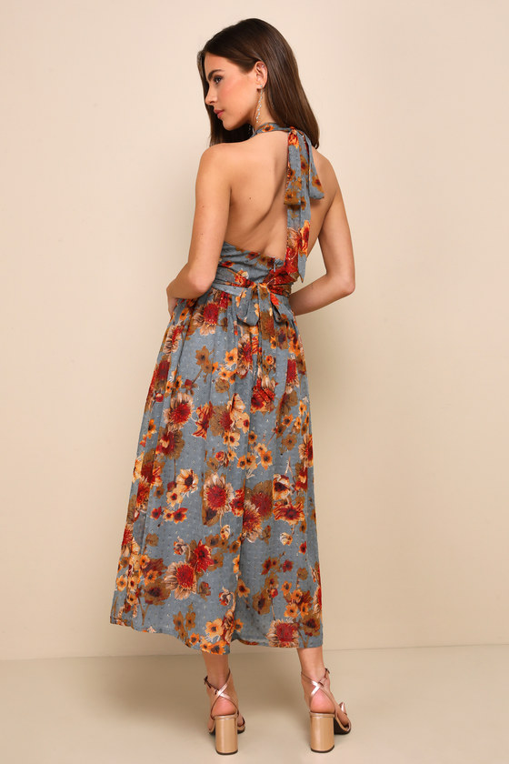 Charming Vision Blue Floral Swiss Dot Lurex Halter Midi Dress 3