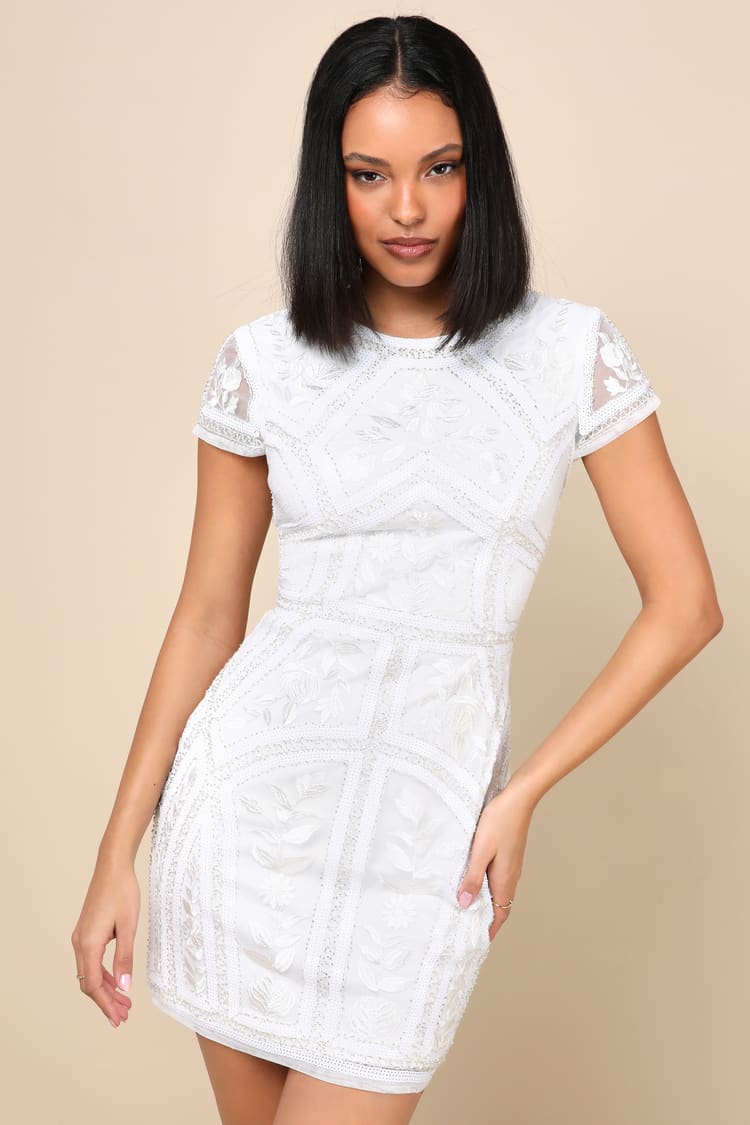 Spread Your Shine White Sequin Embroidered Bodycon Dress