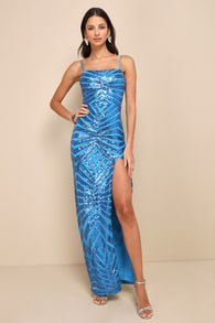 Glimmering Beauty Blue Sequin Sleeveless Column Maxi Dress