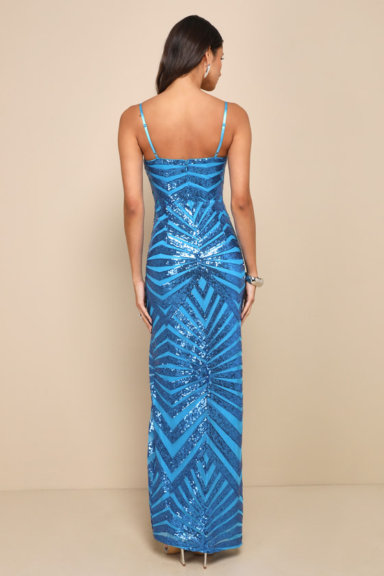 Lulus Glimmering Beauty Blue Sequin Sleeveless Column Maxi Dress In Blue