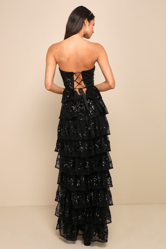 Definite Glamour Black Sequin Strapless Bustier Maxi Dress 6