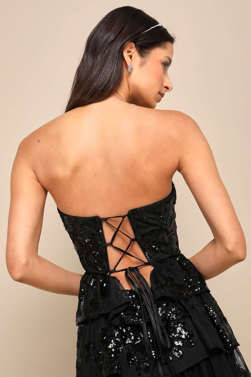 Definite Glamour Black Sequin Strapless Bustier Maxi Dress