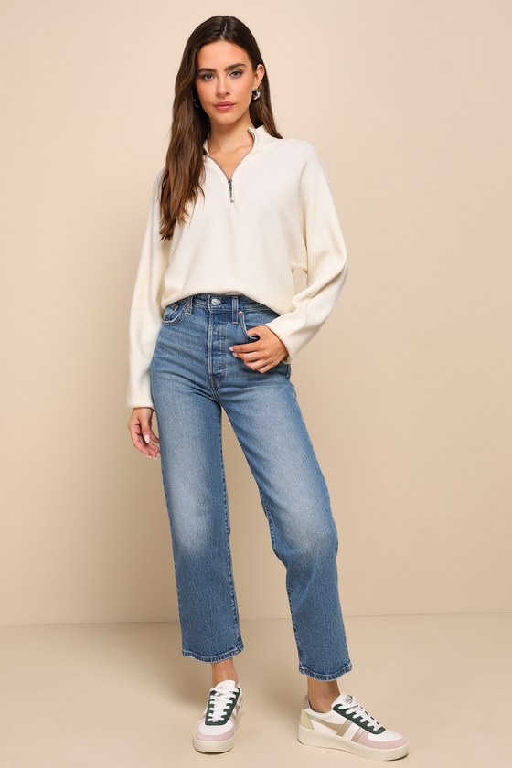 Lulus Cuddly Aesthetic Ivory Ribbed Quarter-zip Pullover Sweater In Ivory