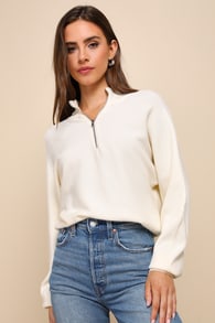 Cuddly Aesthetic Ivory Ribbed Quarter-Zip Pullover Sweater