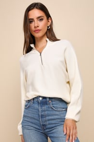 Cuddly Aesthetic Ivory Ribbed Quarter-Zip Pullover Sweater 2