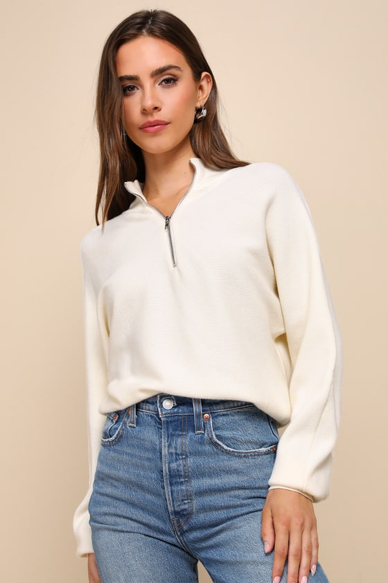 Cuddly Aesthetic Ivory Ribbed Quarter-Zip Pullover Sweater 2