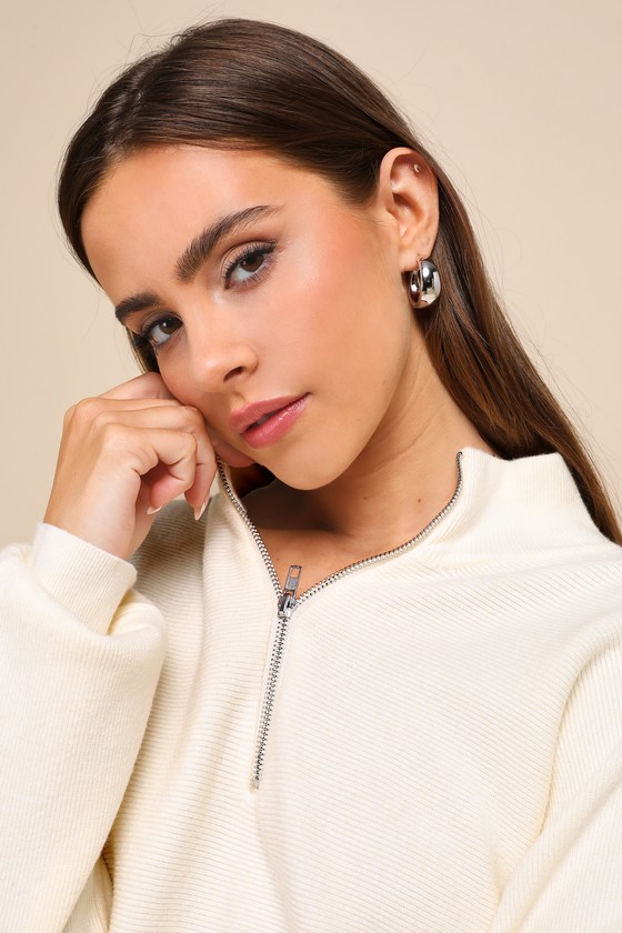 Lulus Cuddly Aesthetic Ivory Ribbed Quarter-zip Pullover Sweater In Ivory