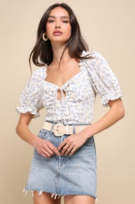 Perfect Adoration Ivory Floral Puff Sleeve Drawstring Cutout Top