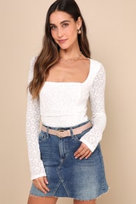 Forever Angelic White Mesh Lace Ruched Long Sleeve Top
