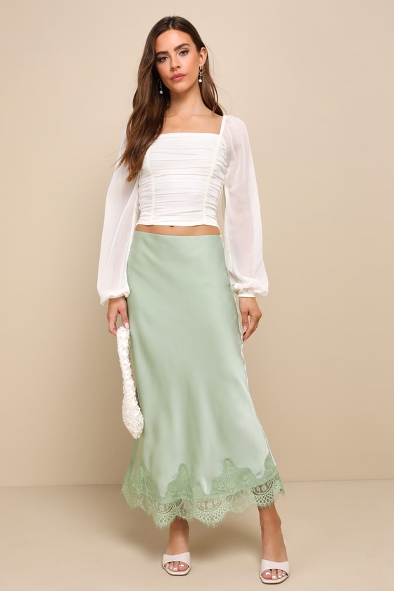 Shop Lulus Blissful Nature Sage Green Satin Lace High-rise Midi Skirt
