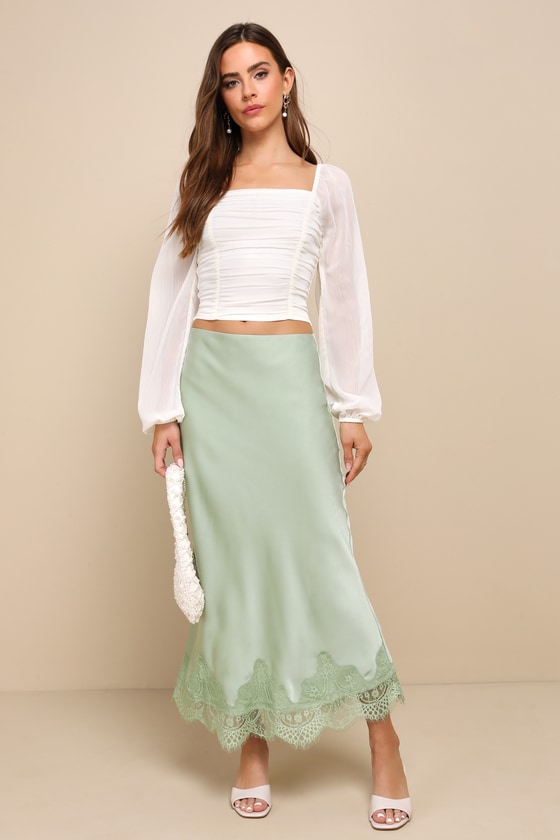 Blissful Nature Sage Green Satin Lace High-Rise Midi Skirt 2