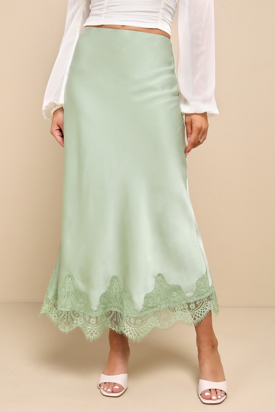 Shop Lulus Blissful Nature Sage Green Satin Lace High-rise Midi Skirt