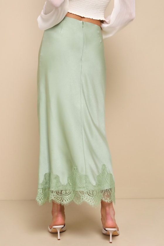 Shop Lulus Blissful Nature Sage Green Satin Lace High-rise Midi Skirt