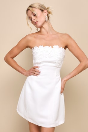 White Satin Dress - Strapless Floral Mini Dress - Applique Dress - Lulus