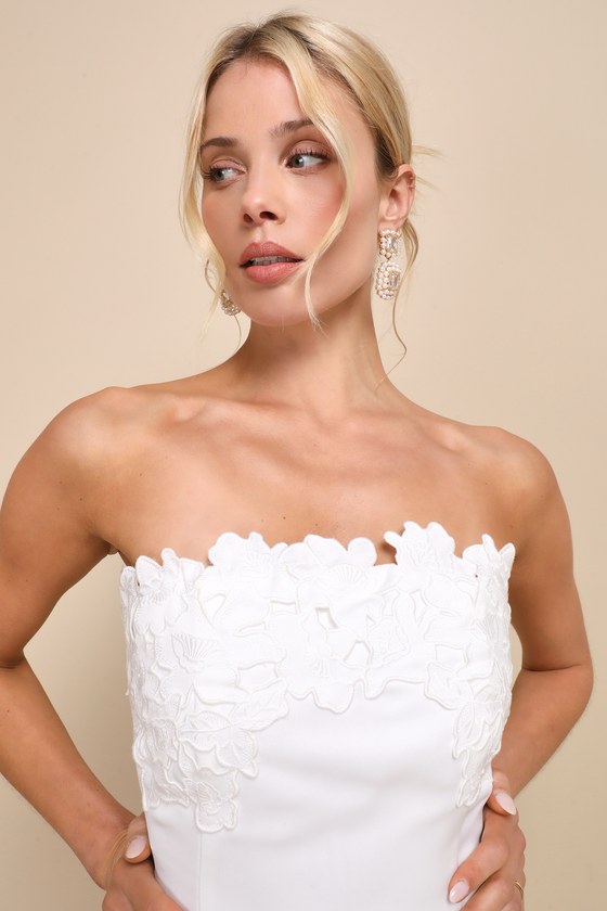 Unforgettable Icon White Satin Strapless Floral Mini Dress 5