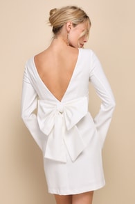 Elegant Cutie Ivory Bow Long Sleeve Backless Mini Dress