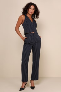 Confident Appeal Navy Blue Pinstripe High Rise Pants