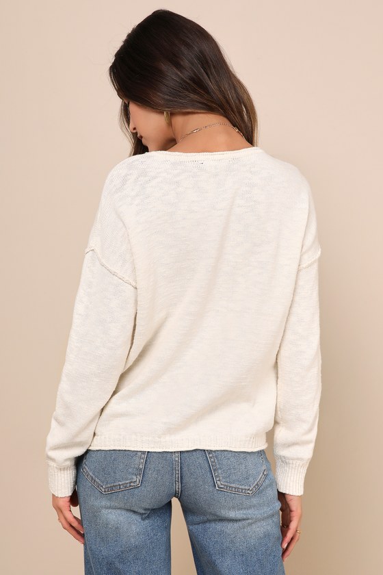 LULUS TIMELESS PERFECTION CREAM TEXTURED CREW NECK PULLOVER SWEATER 