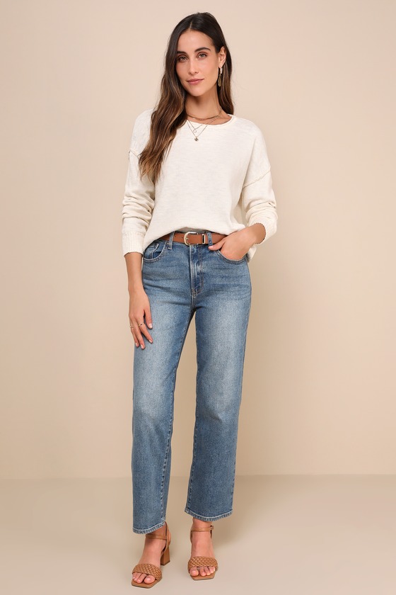 LULUS TIMELESS PERFECTION CREAM TEXTURED CREW NECK PULLOVER SWEATER 