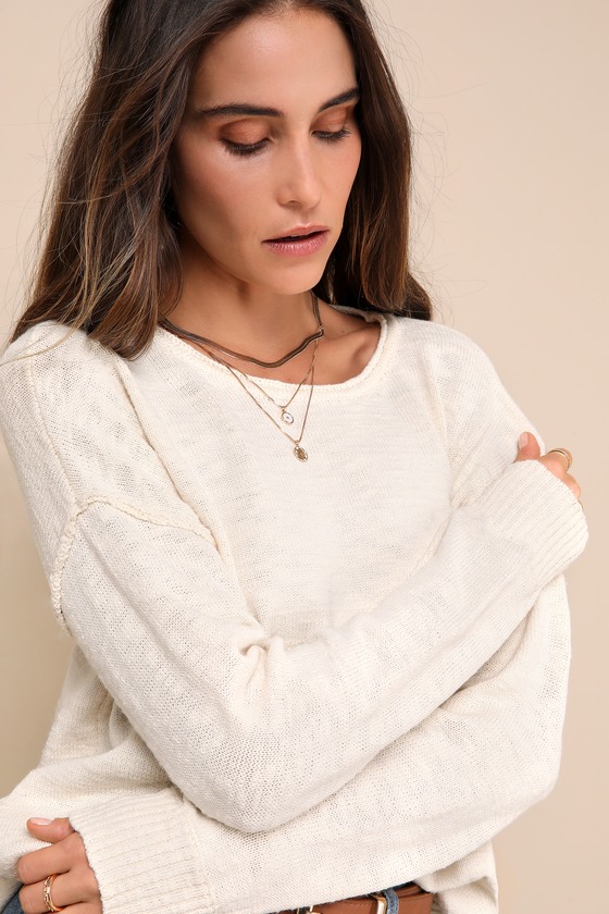LULUS TIMELESS PERFECTION CREAM TEXTURED CREW NECK PULLOVER SWEATER 