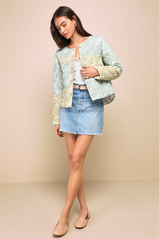 Warmest Darling Blue and Yellow Floral Print Quilted Jacket 2
