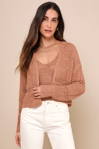 Two Sweet Light Brown Pointelle Knit Top and Cardigan Set