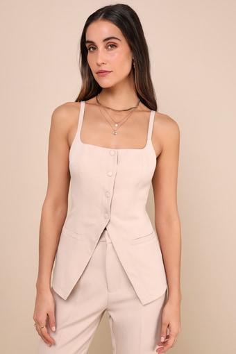 Chic Muse Beige Button-Front Cami Vest Top 1