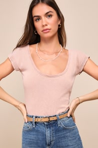 Bout Time Dusty Mauve Cotton Scoop Neck Cap Sleeve Tee