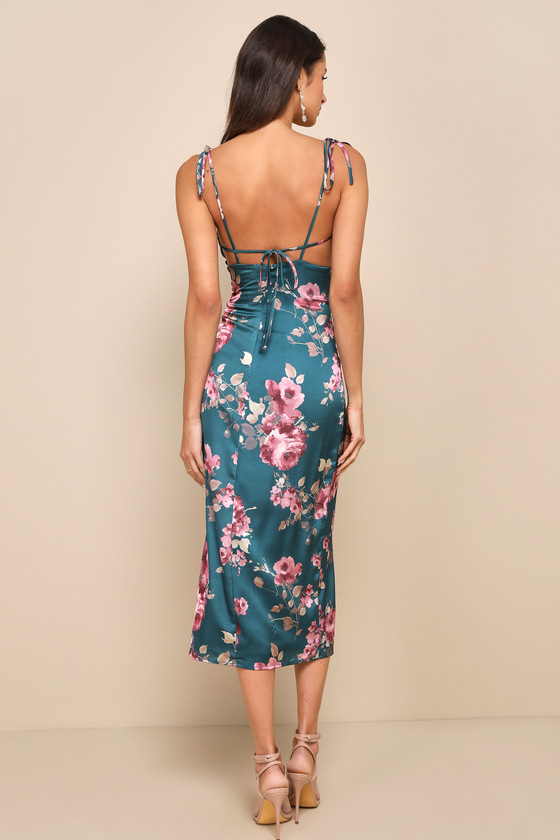 Fleur-ty Behavior Teal Floral Satin Tie-Strap Midi Dress 3