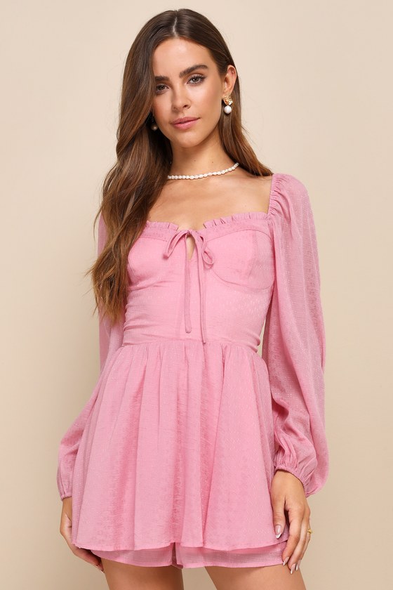 Lulus Adorable Perfection Pink Balloon Sleeve Bustier Romper In Pink