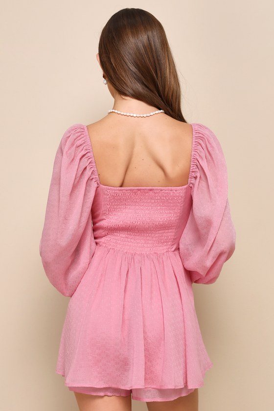 Lulus Adorable Perfection Pink Balloon Sleeve Bustier Romper In Pink