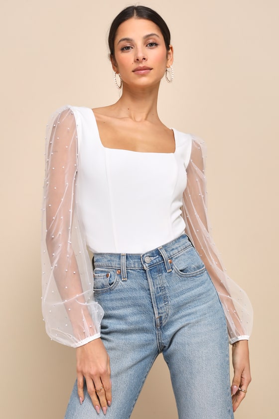 Deluxe Poise White Pearl Mesh Balloon Sleeve Top 1