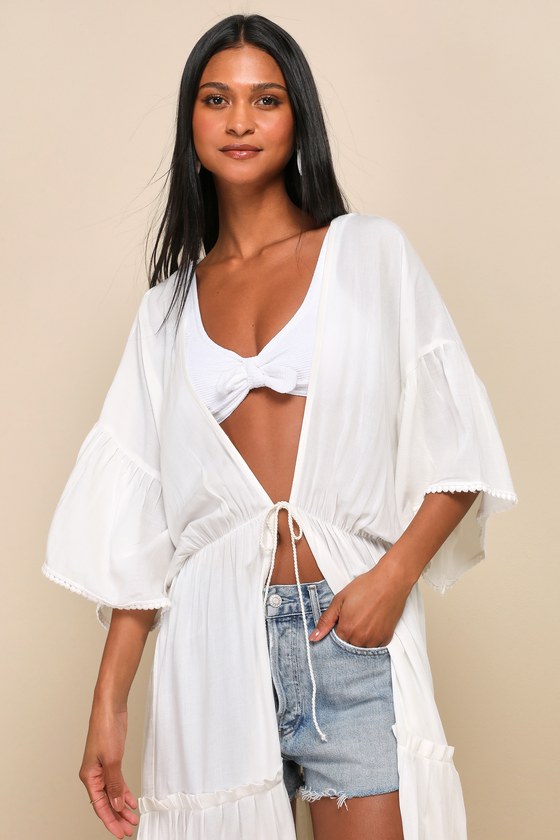 Malibu Memories White Tiered Tie-Front Swim Cover Up 3