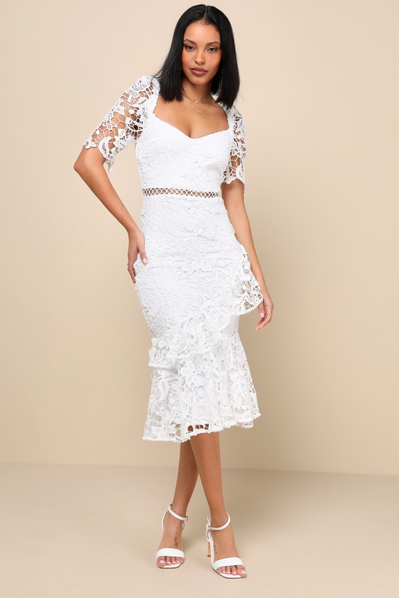 Lovely White Dress - Lace Dress - Midi Dress - Trumpet Dress - Lulus