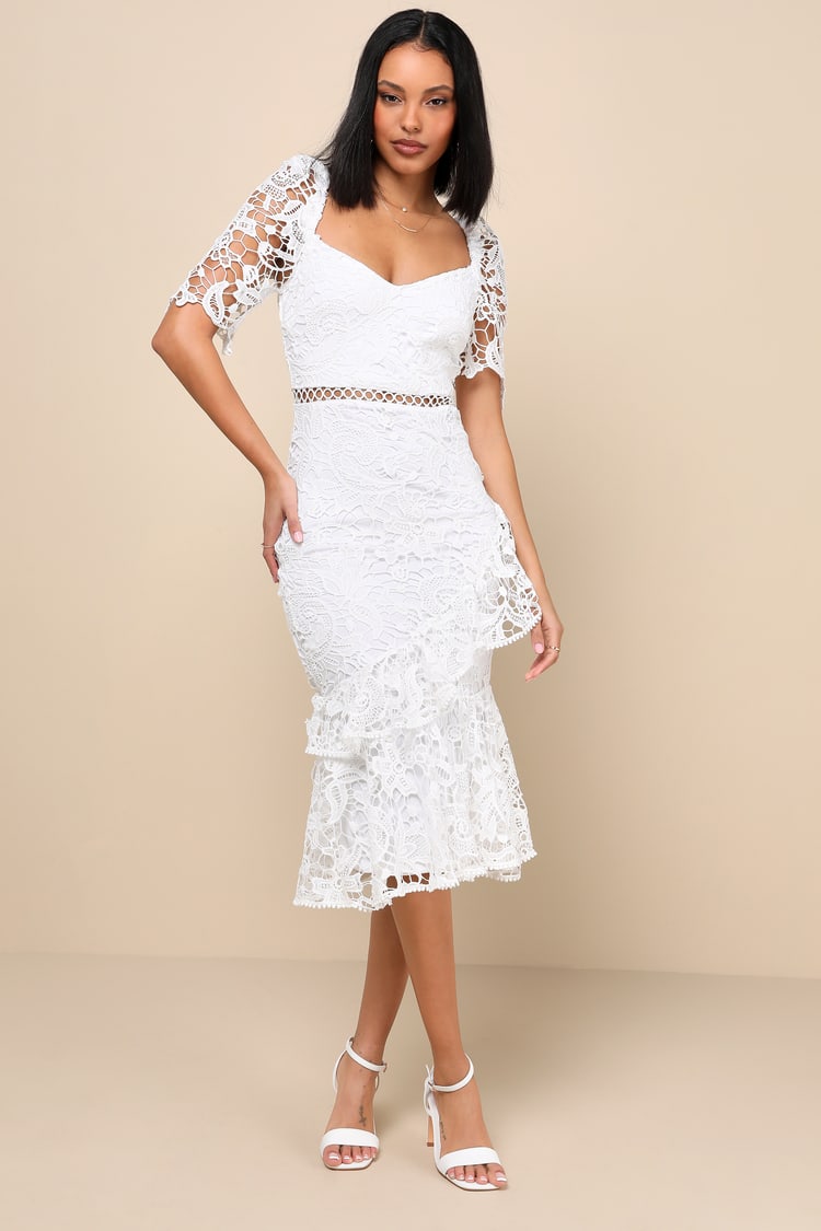 chinese dress ladies Lark Grey Ruffle and Lace Pussybow Midi Dress – Frock and Frill