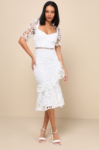 Briarwood White Lace Ruffled Midi Dress