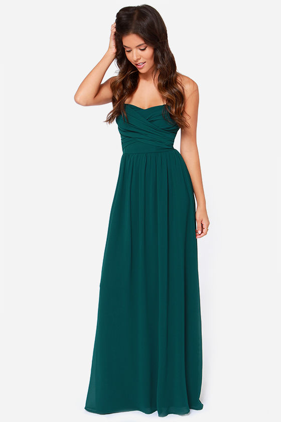 green strapless gown