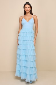 Radiant Event Light Blue Mesh Tiered Pleated Backless Maxi Dress 2